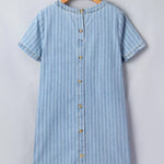 Blue and white striped dress on a hanger against a gray background