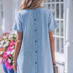 Women's Striped Denim Mini Dress with Button Back and Pockets
